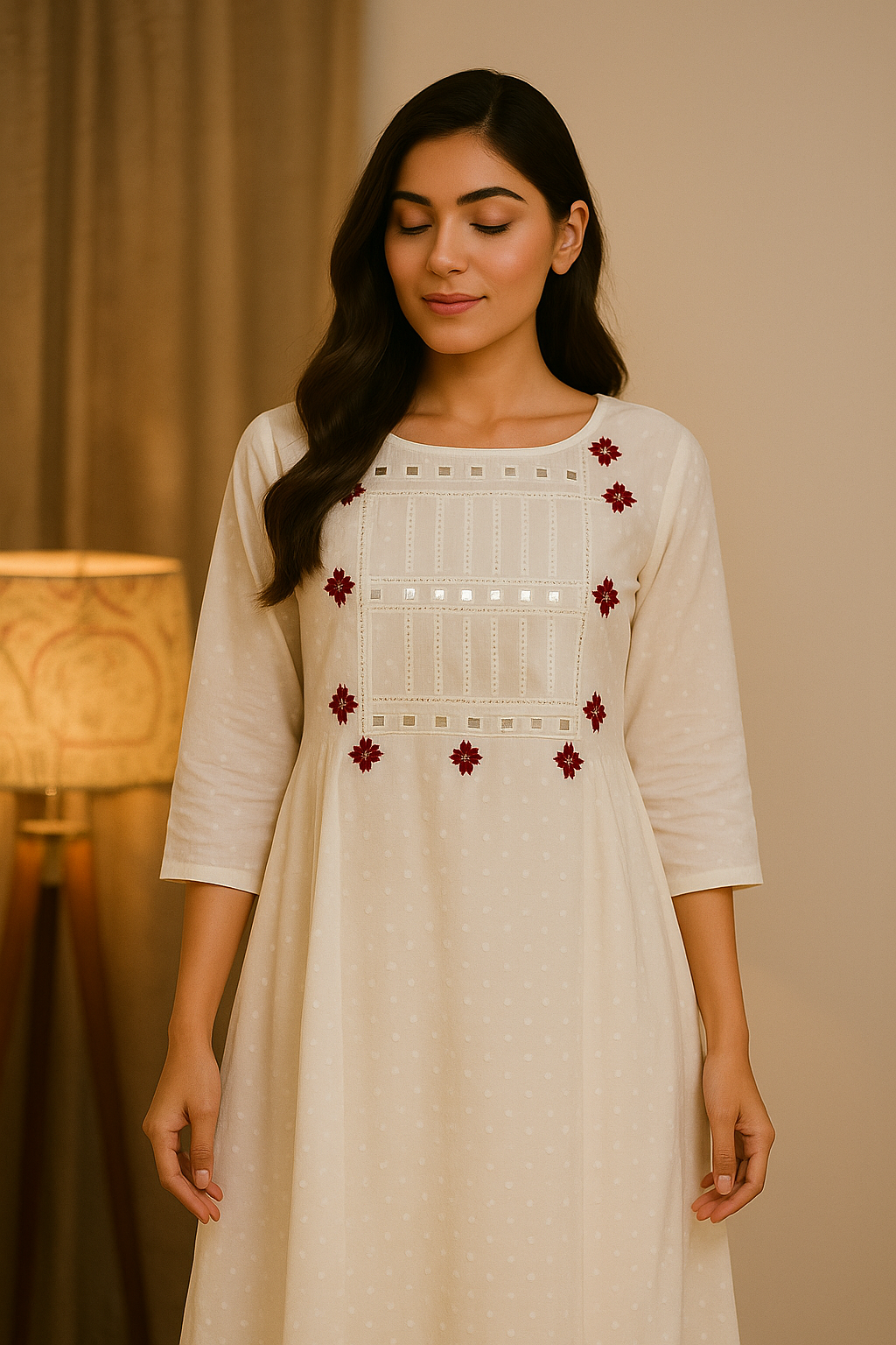 Real Mirror And Hand Embroidary Midi Dress