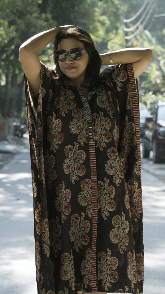 Ajrak Hand Block print Kaftaan Dress-Black