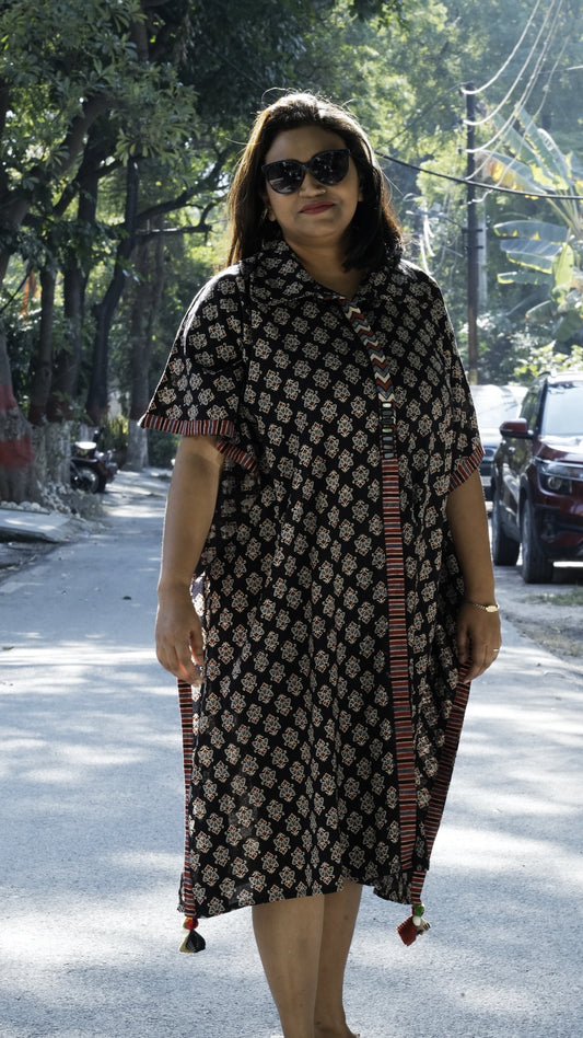 Ajrak Hand Block print Kaftaan Dress-Black