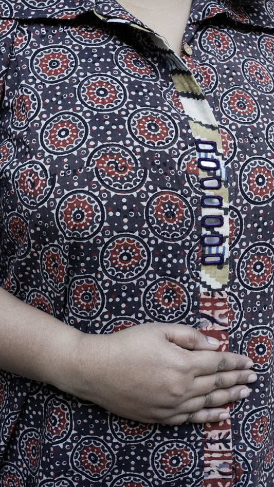 Ajrak Hand Block print Kaftaan Dress-Rust Red