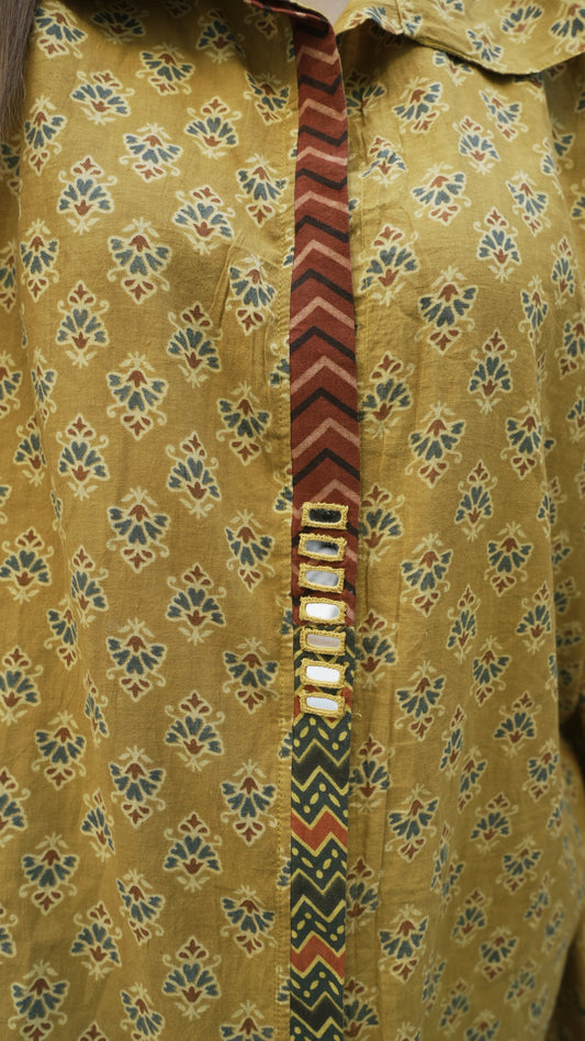 Ajrak Hand Block print Kaftaan Dress- Yellow