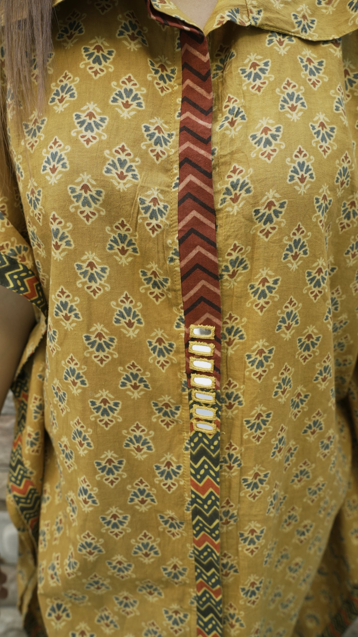 Ajrak Hand Block print Kaftaan Dress- Yellow