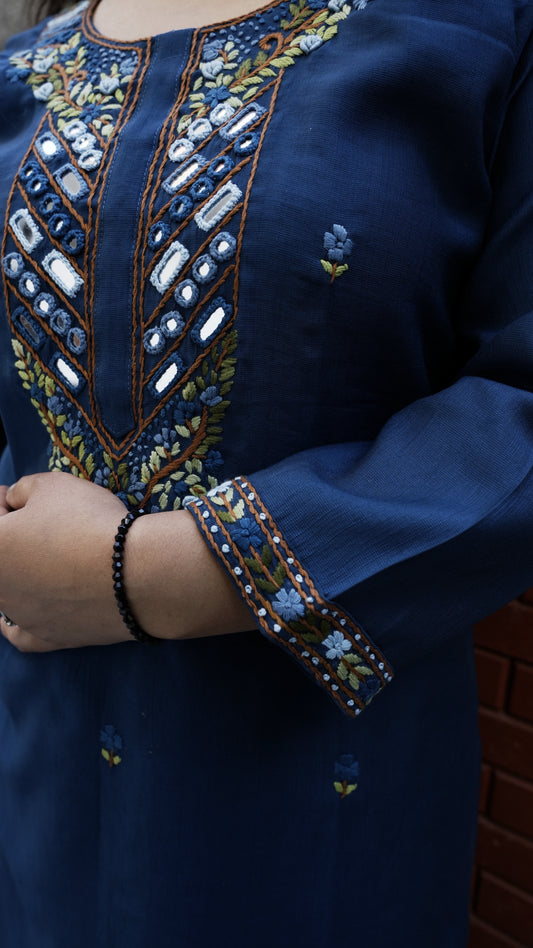 2 Piece Kurti & Pants In Cotton Silk Material With French Knot & Mirror Work Embroidery