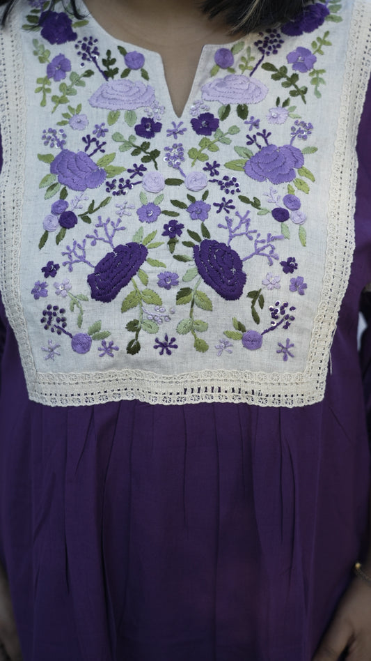 Cotton Linen Dress with Bullion Hand Work - Purple
