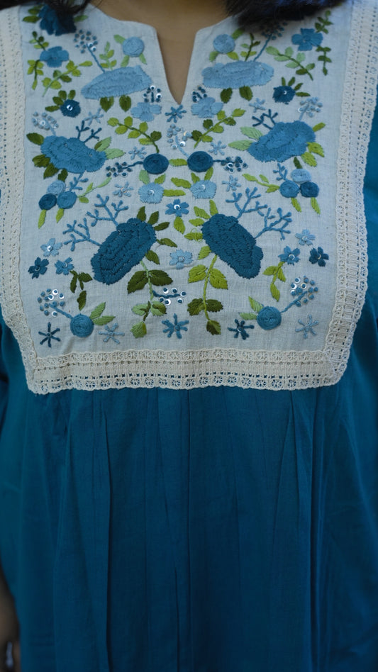 Cotton Linen Dress with Bullion Hand Work - Blue