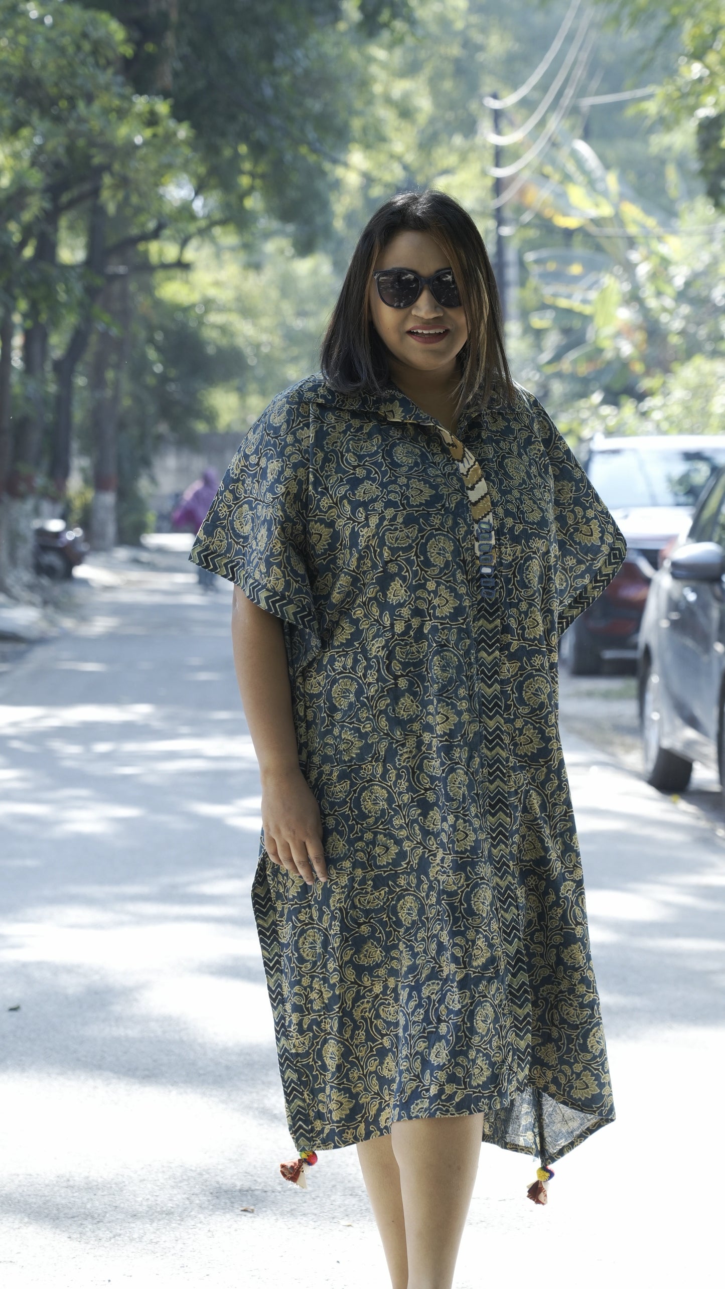 Ajrak Hand Block print Kaftaan Dress- Blue