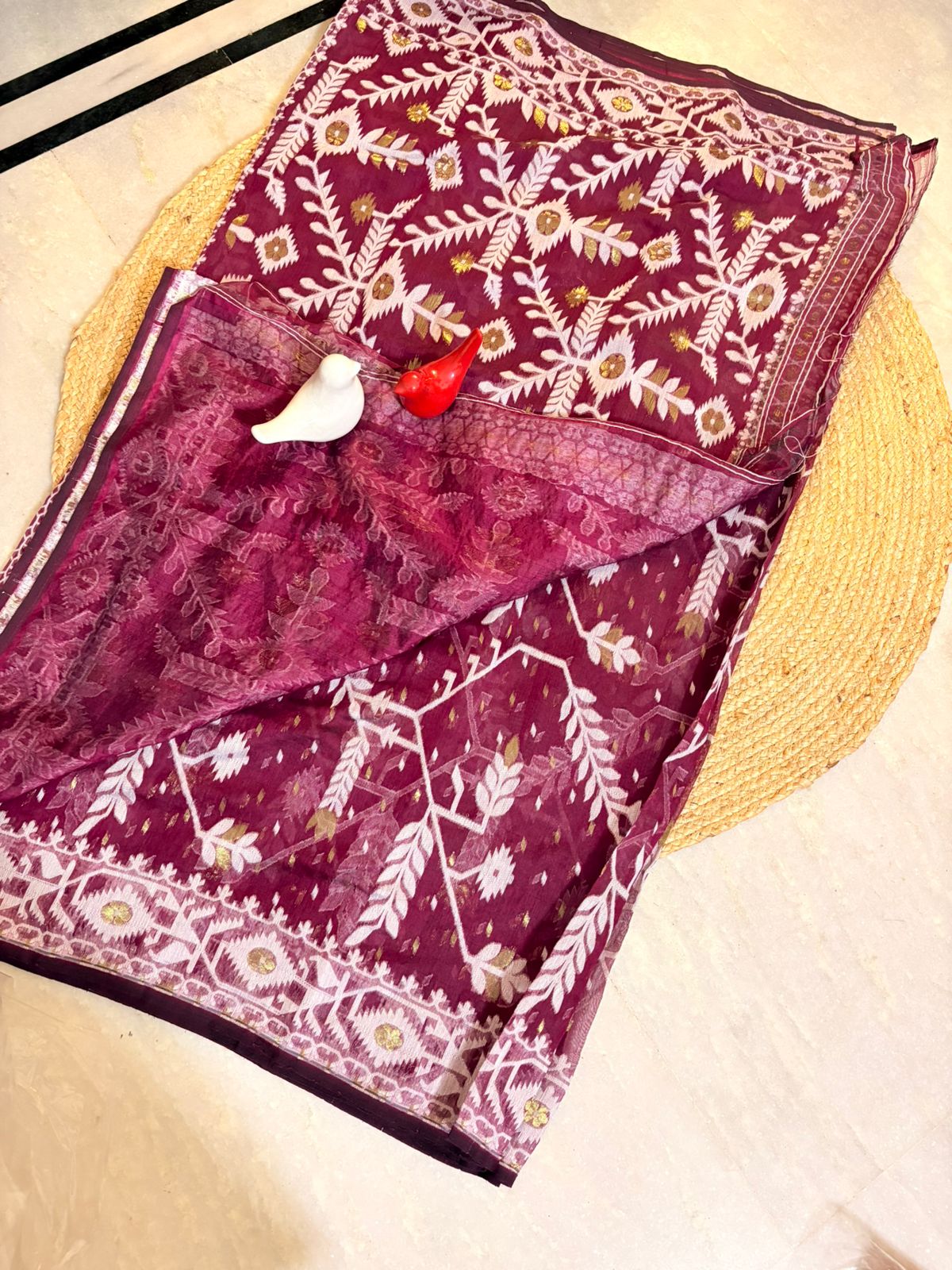 Bengal Jamdaani Maroon Saree