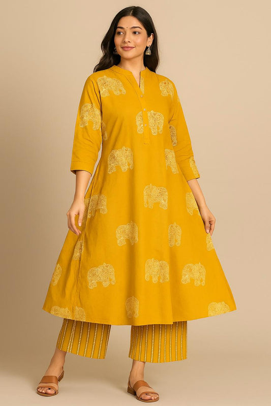 Pure Cotton Hand Block Elephant Print Kurti with Cotton Culottes