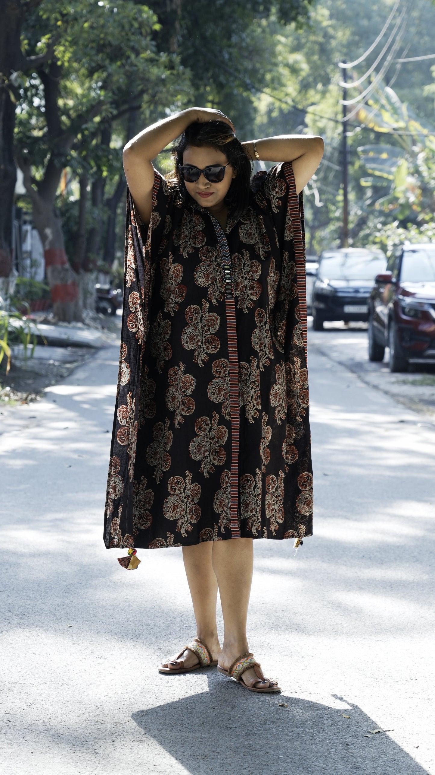 Ajrak Hand Block print Kaftaan Dress-Black