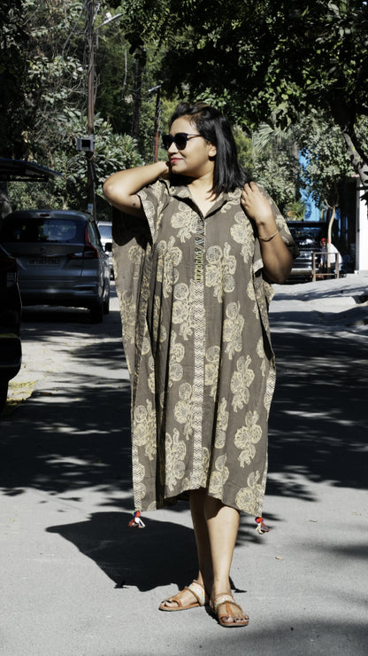 Ajrak Hand Block print Kaftaan Dress - Brown