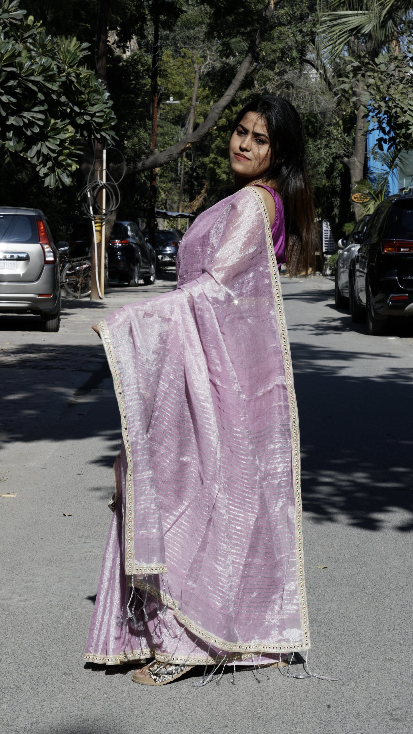 Tissue Lilen Saree with Sleak Mirror Work