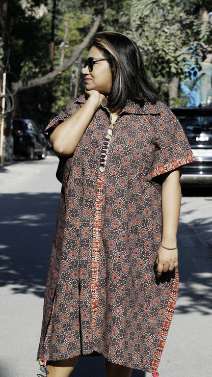 Ajrak Hand Block print Kaftaan Dress-Rust Red