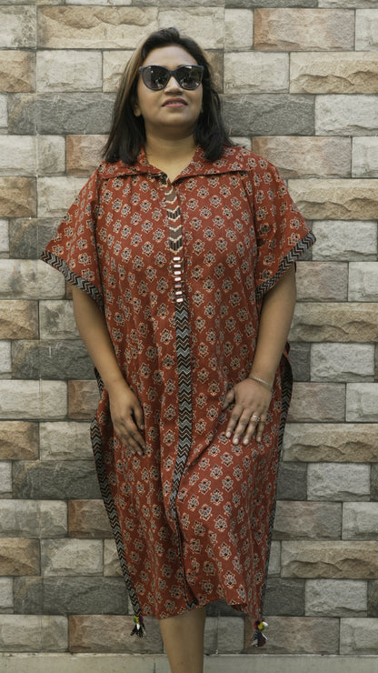 Ajrak Hand Block print Kaftaan Dress- Red