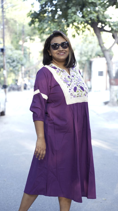 Cotton Linen Dress with Bullion Hand Work - Purple