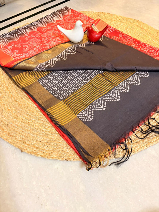 Hand Block Print Maheshwari Saree with Zari Border
