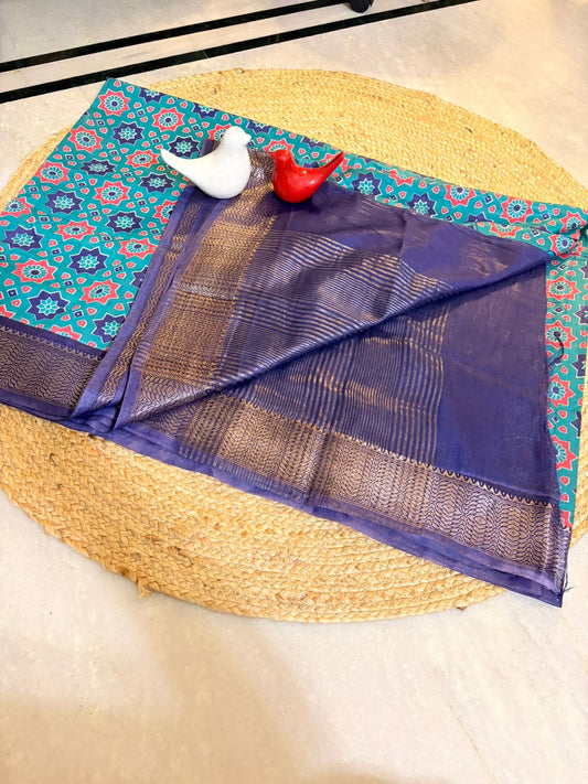 Block Print Maheshwari Saree with Zari Border