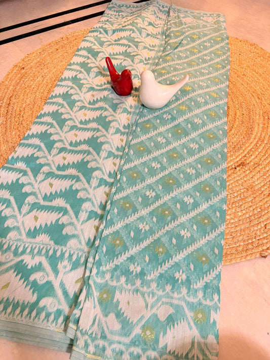 Bengal Jamdaani Aqua Blue Saree
