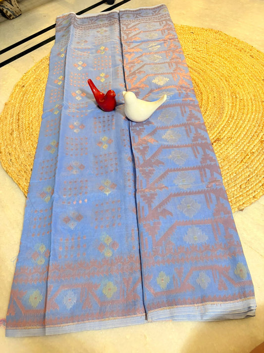 Bengal Jamdani Powder Blue Saree with Copper Zari Saree