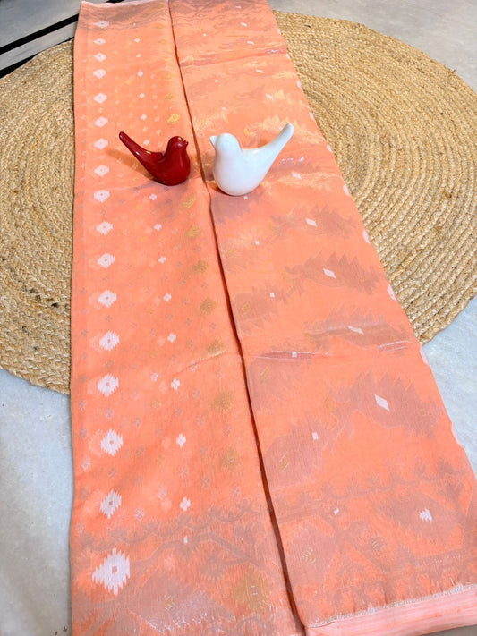 Bengal Jamdani Light Orange Color with Silver Zari Saree