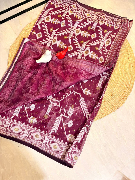 Bengal Jamdaani Maroon Saree