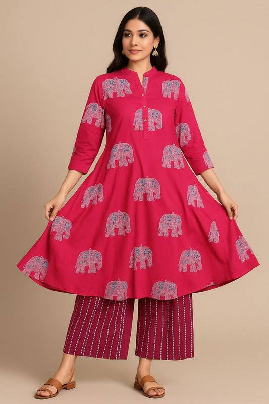 Pure Cotton Hand Block Elephant Print Kurti with Cotton Culottes