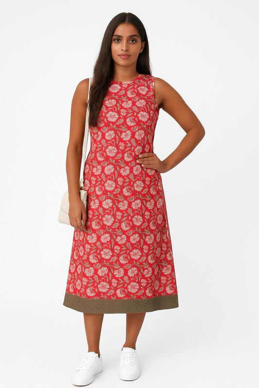 Red Floral Printed Cotton A-Line Dress