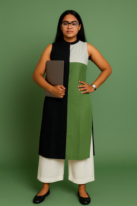 Pure Handloom Cotton Panel work Kurti with Cotton Culottes
